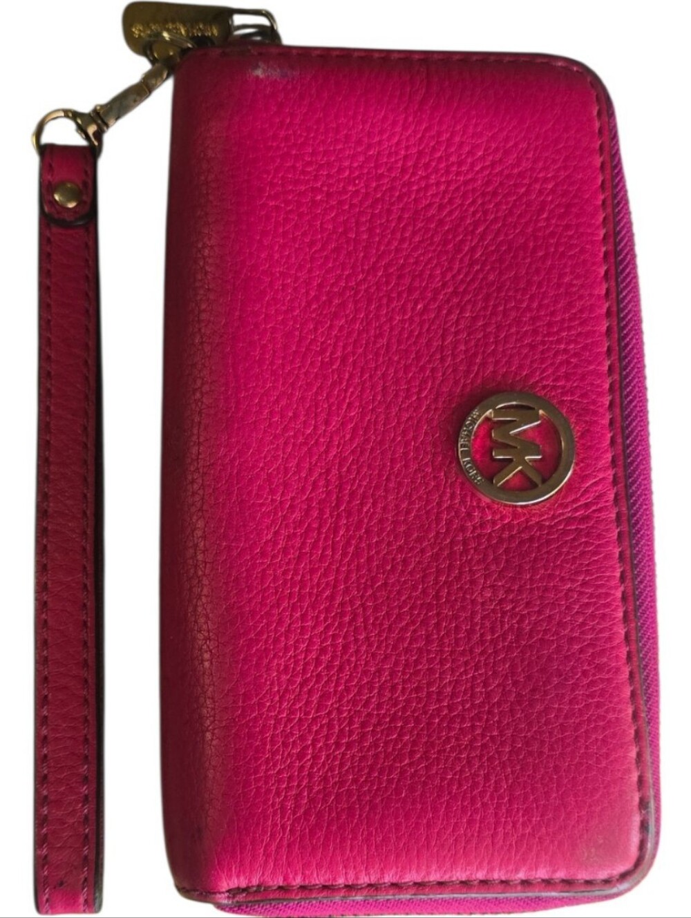 Michael Kors Hot Pink Zip-Around Wristlet Wallet with Gold Logo Pebbled Leather